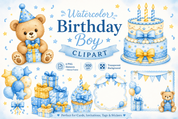 Download Watercolor Birthday Boy Card Elements - Card Collection