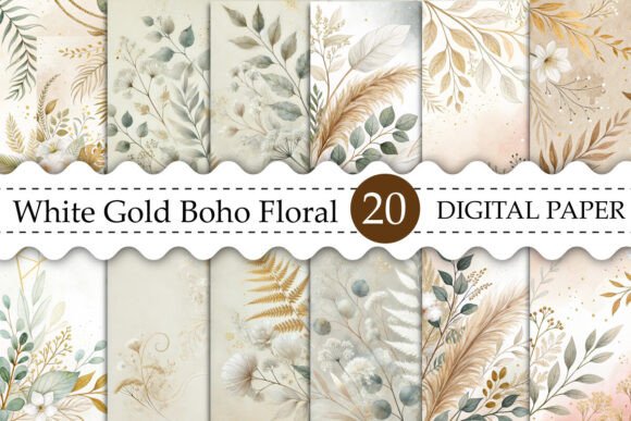 Download White Gold Boho Floral Leaves Background - Background Collection
